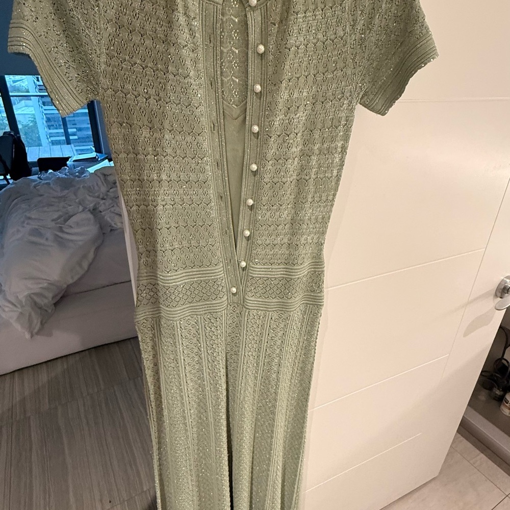 SANDRO size 34 Short-Sleeve Knit Maxi Dress in Sage Green new - Picture 5 of 10
